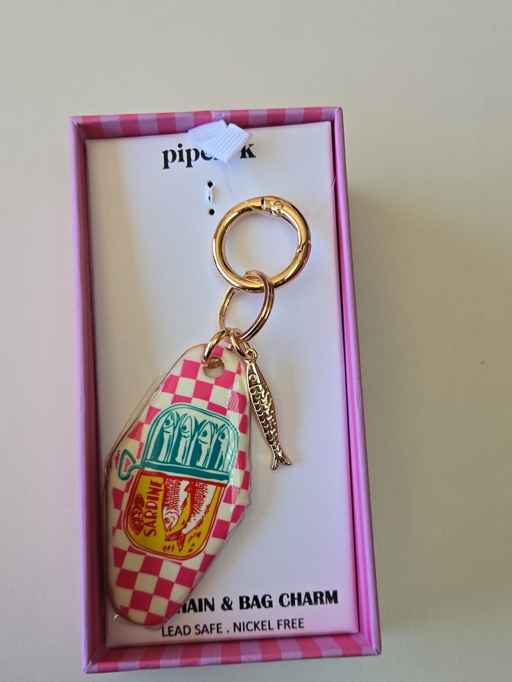 NEW Piper K Pink Checkered Sardine Tin Keychain with Gold Hardware